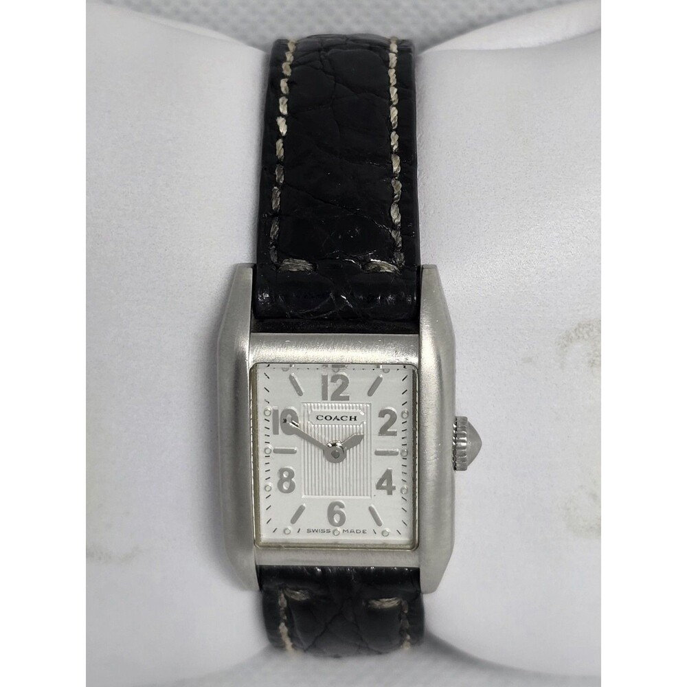 Women's Coach Swiss Made Petite Tank Silver Tone Black Leather Strap Watch 12 - Picture 4 of 9